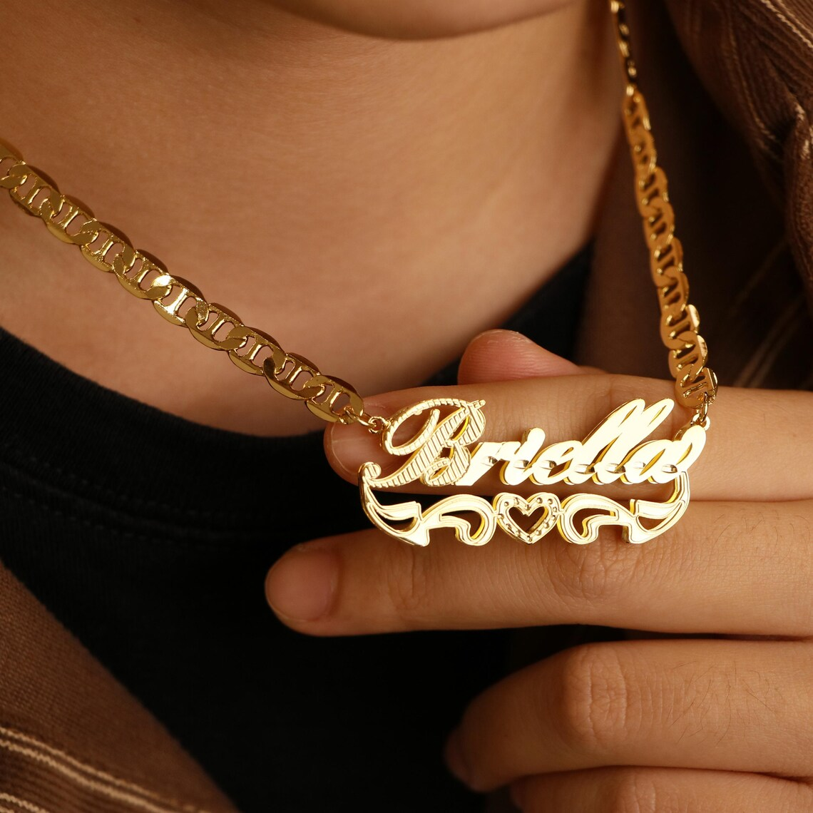 Custom Double Layer Heart Name Necklace Mariner Chian