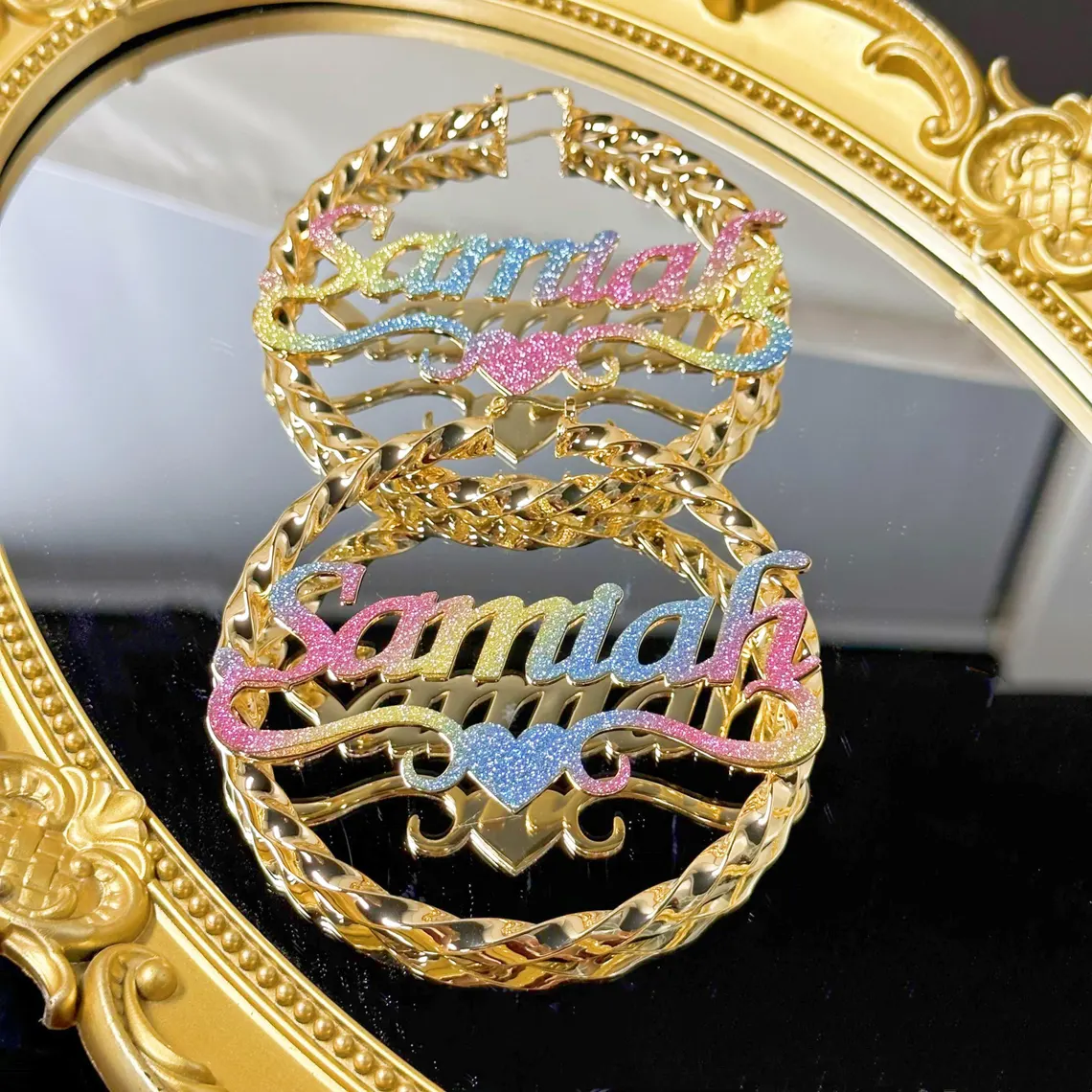 Rainbow Color Shiny Nameplate with Heart Personalized Twist Hoop Earrings