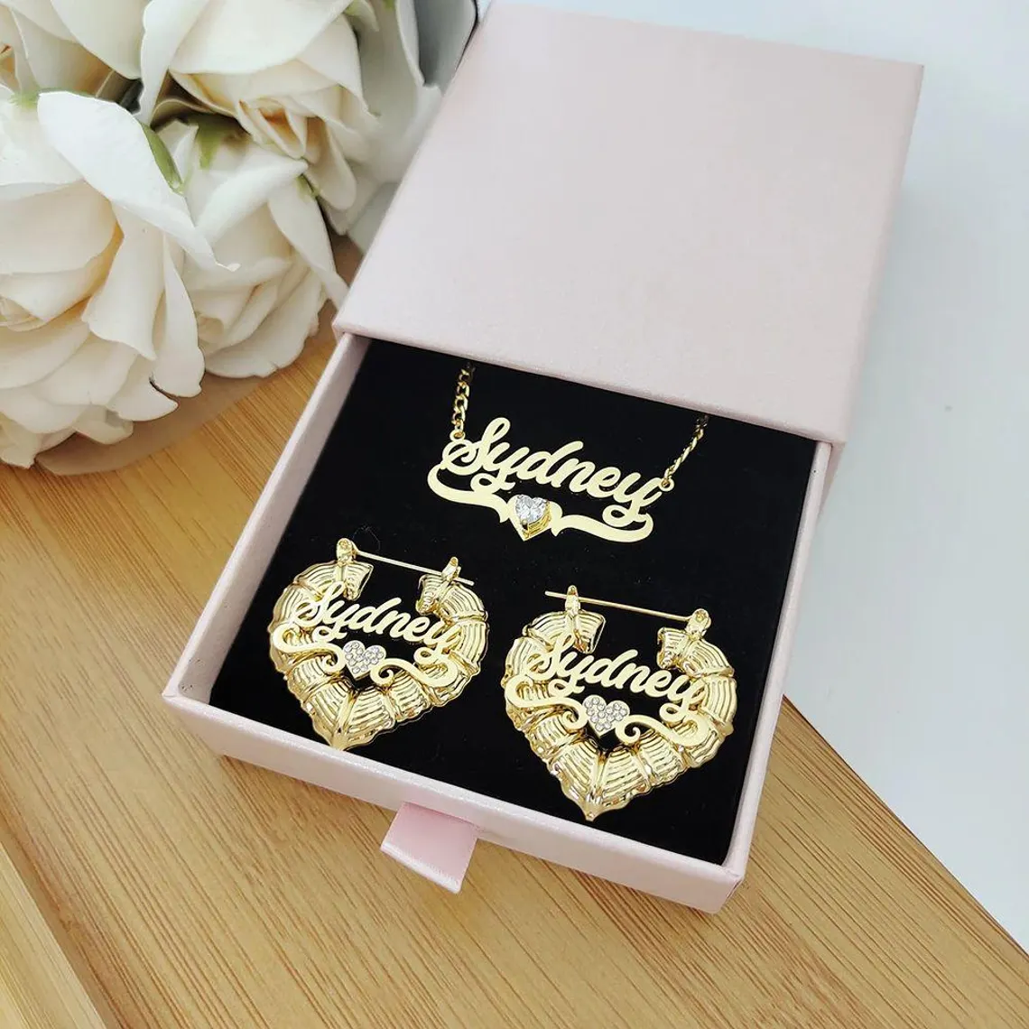 Heart Plate Name Necklace and Bamboo Earrings With Birthstone