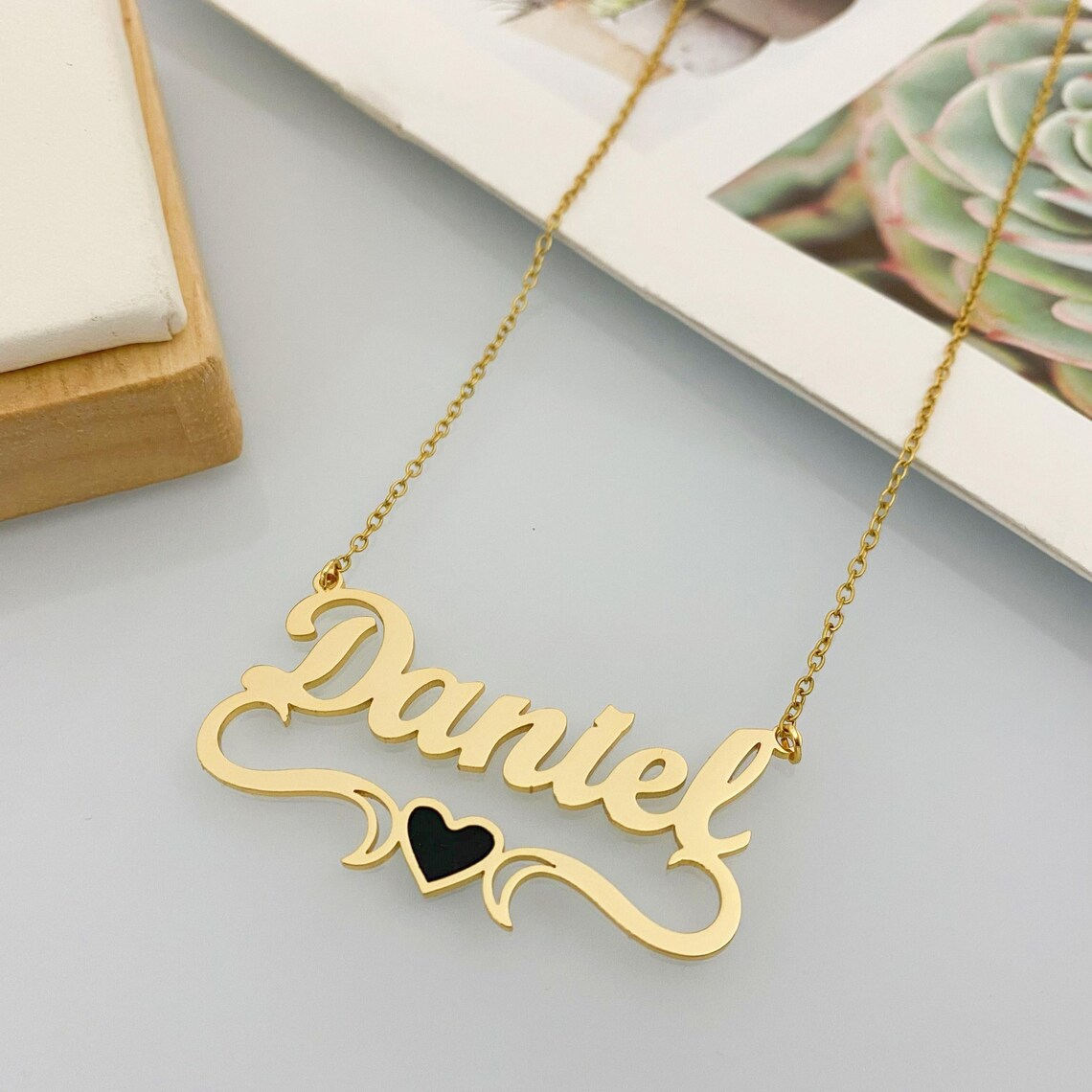 Gold Plated Enamel Heart Nameplate Necklace and Bamboo Earrings Jewelry Set