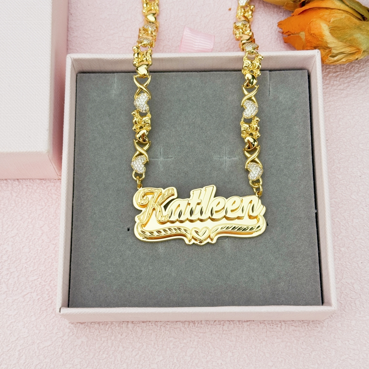 Teddy XOXO Chain Custom Double Layer Heart Nameplate Necklace