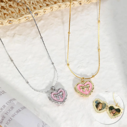 Personalized Dainty Heart Ribbon Bowtie Locket Photo Pendant Necklace