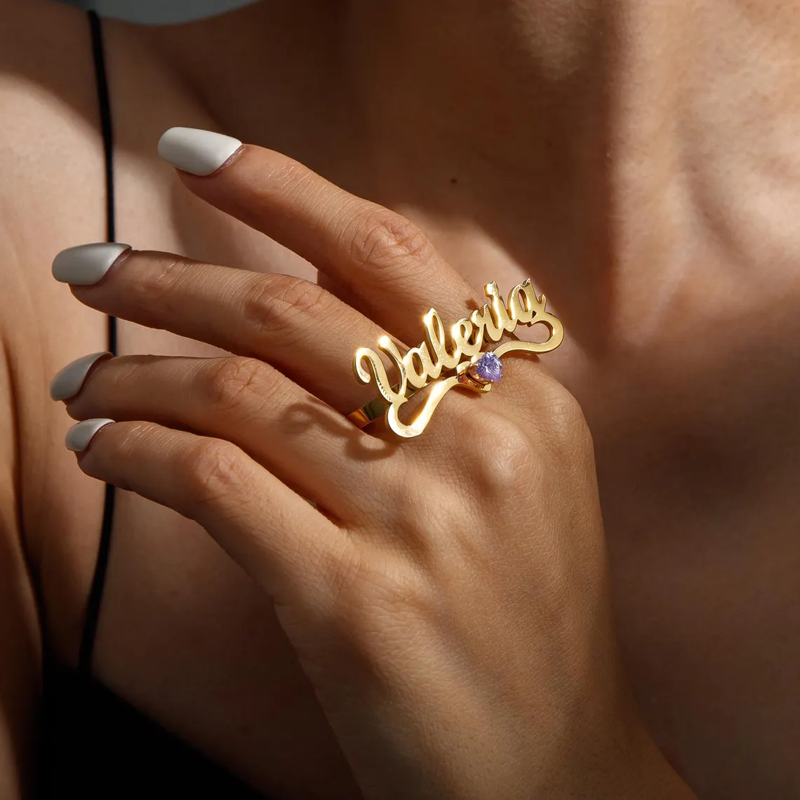 Custom Heart Birthstone Two Finger Custom Gold Plated Name Ring