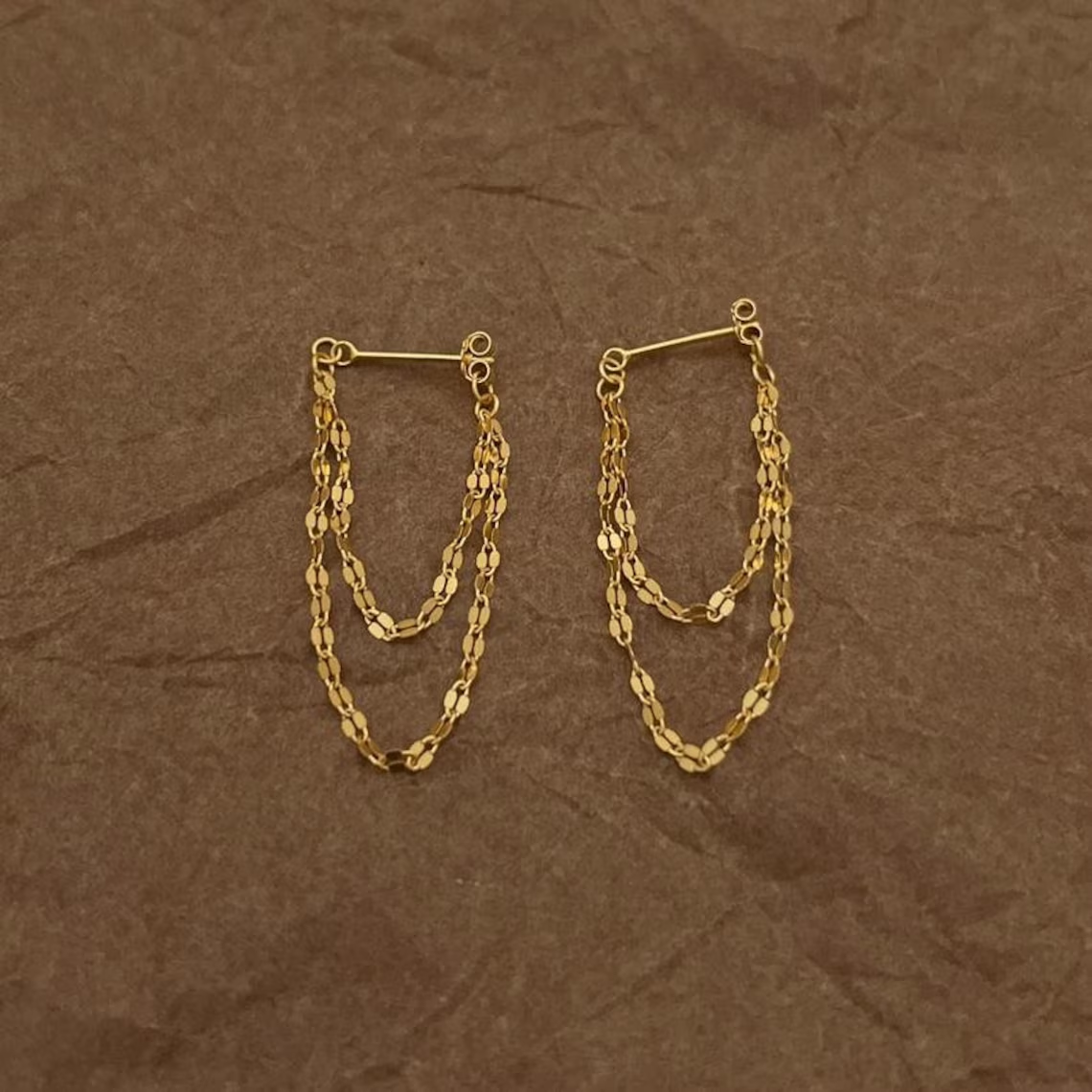 Double Chain Vermeil Sparkle Dainty Drop Chains Dangle Hoop Earrings