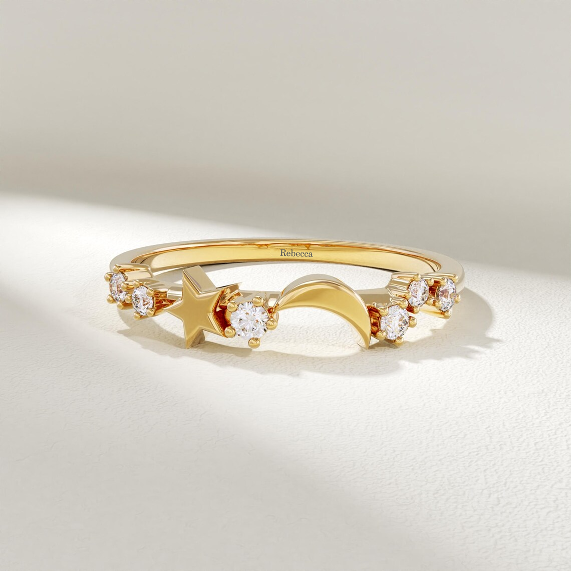 Personalized Zirconia Moon and Star Engraved Ring Name Ring