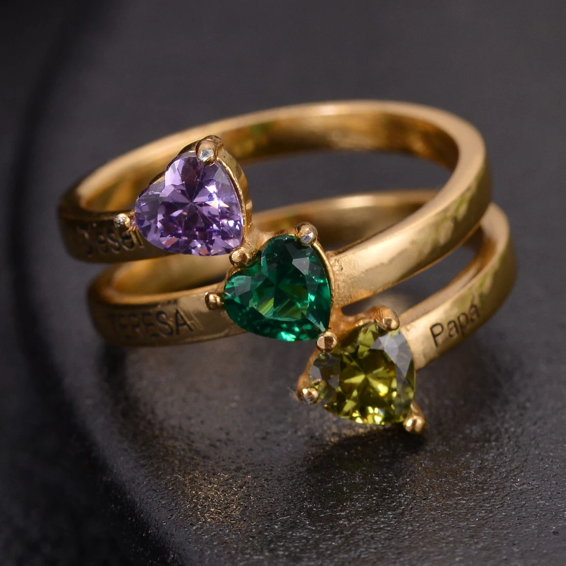 Custom Three Heart Birthstone Engraved Name Ring Family Ring