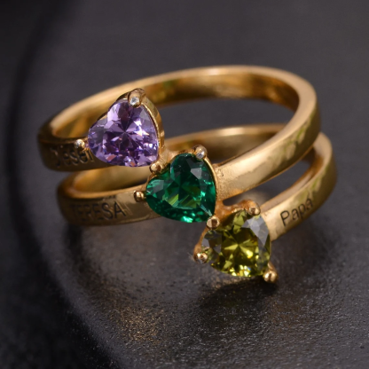 Custom Three Heart Birthstone Engraved Name Ring Family Ring