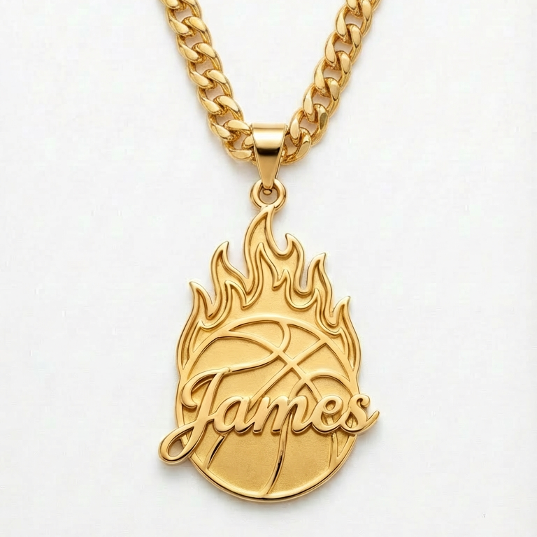 Custom Basketball Fire Pendant Necklace with Name Curb Chain