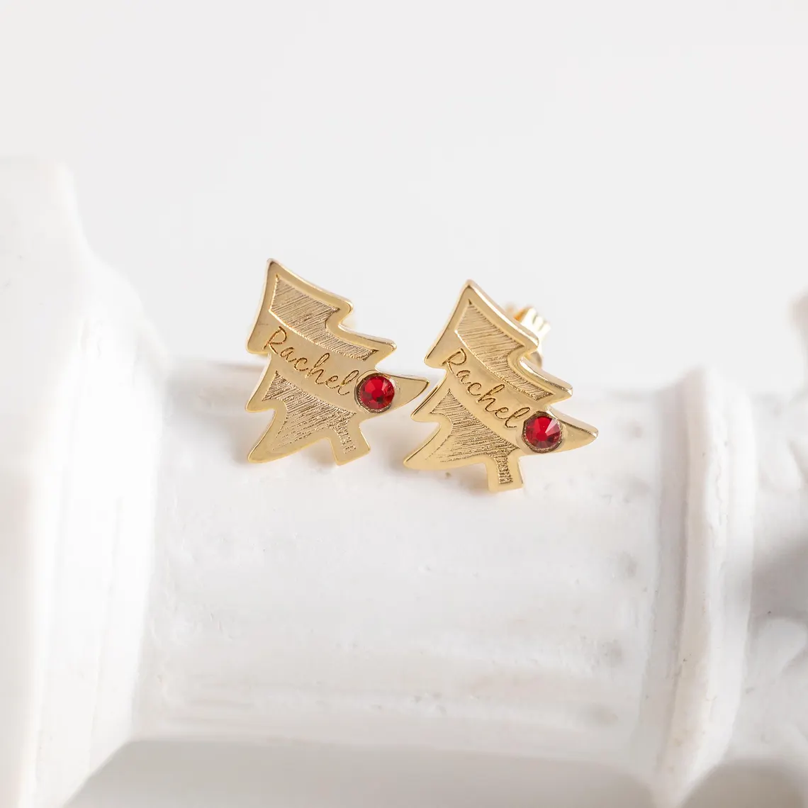 Christmas Tree Personalized Nameplate with Birthstone Stud Earrings