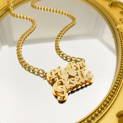 Double Layer Custom Couple Two Names with Two Heart Necklace