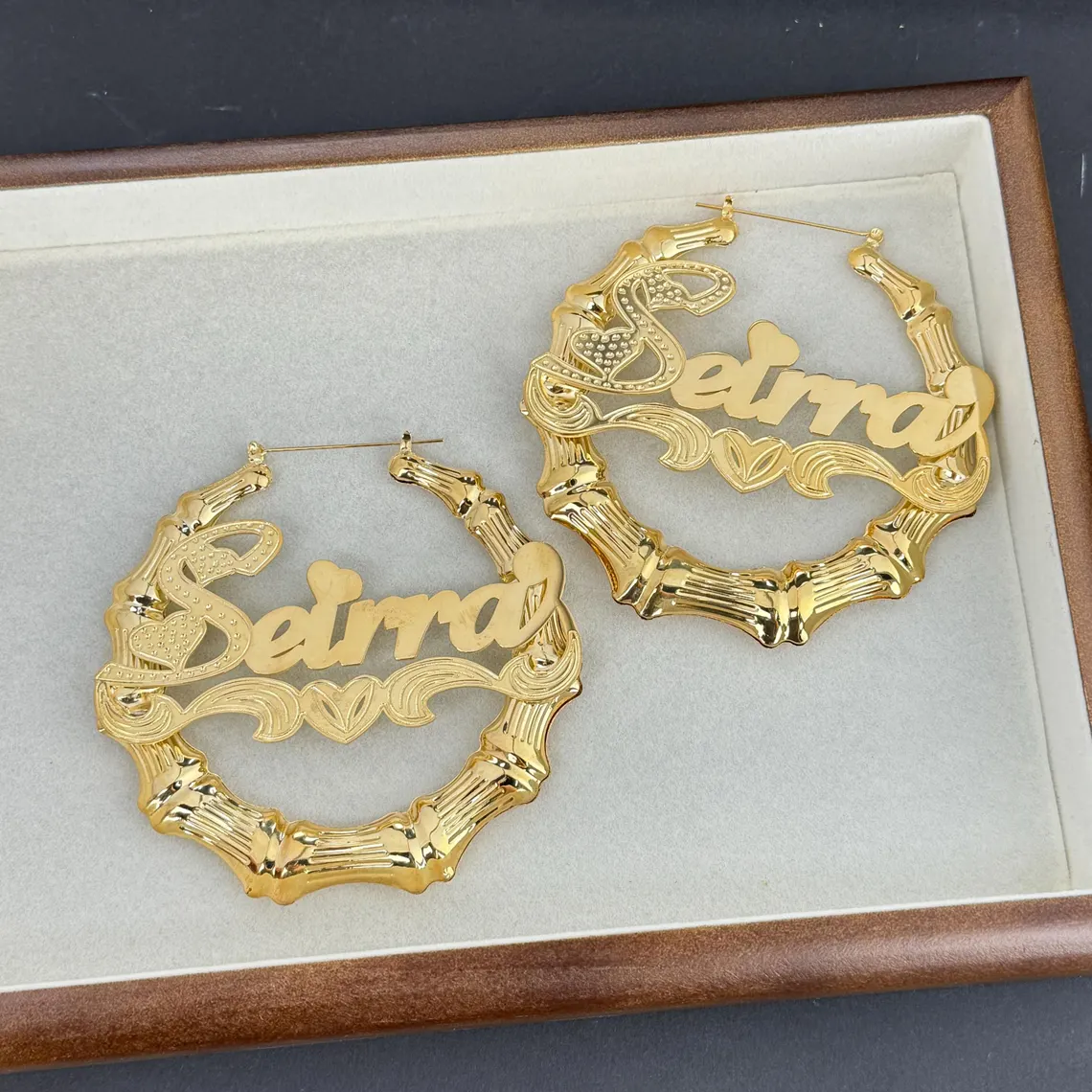 Marine Chain Heart Double Plate Name Necklace Bamboo Earrings Set