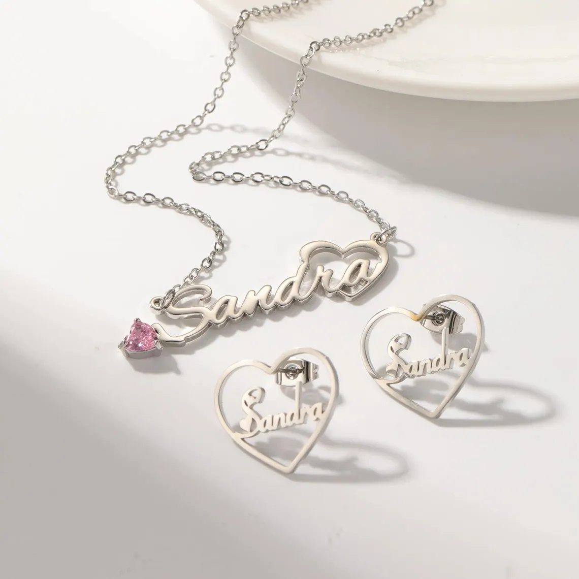 Heart Birthstone Nameplate Necklace and Stud Earrings Set