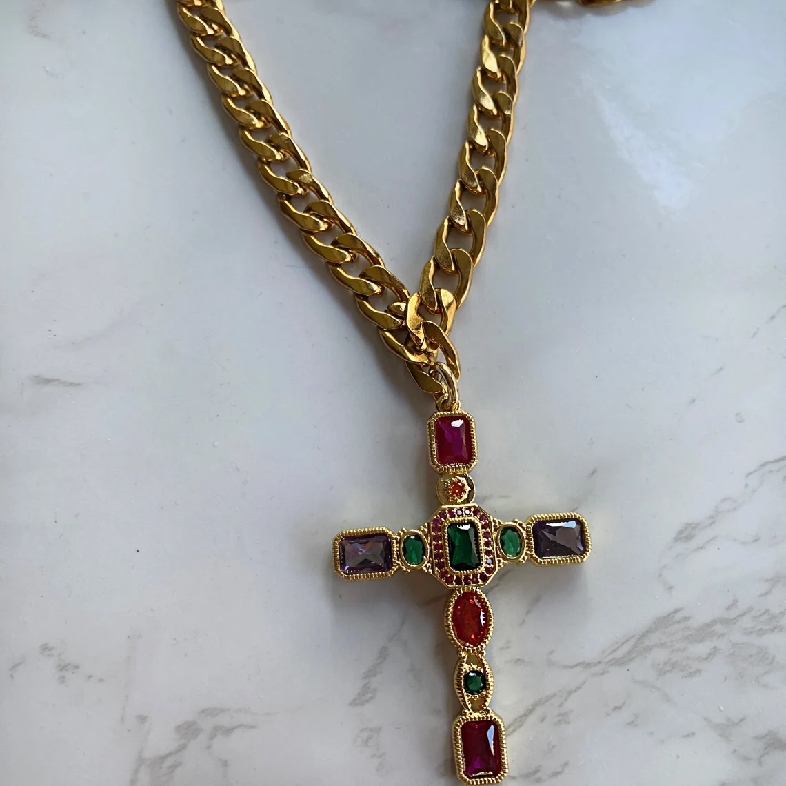 Chunky Colorful Gemstone Big Cross Pendant Necklace