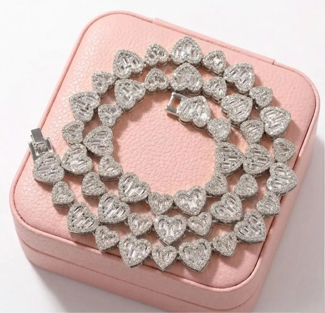 Iced Out Baguette Cut Pave Heart Link Chain