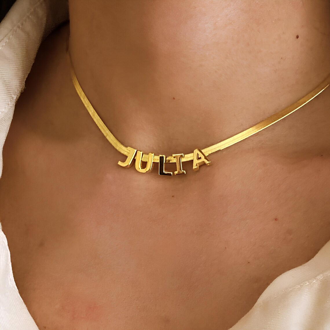 Personalized 3D Letter Name Necklace with Herringbone Chain