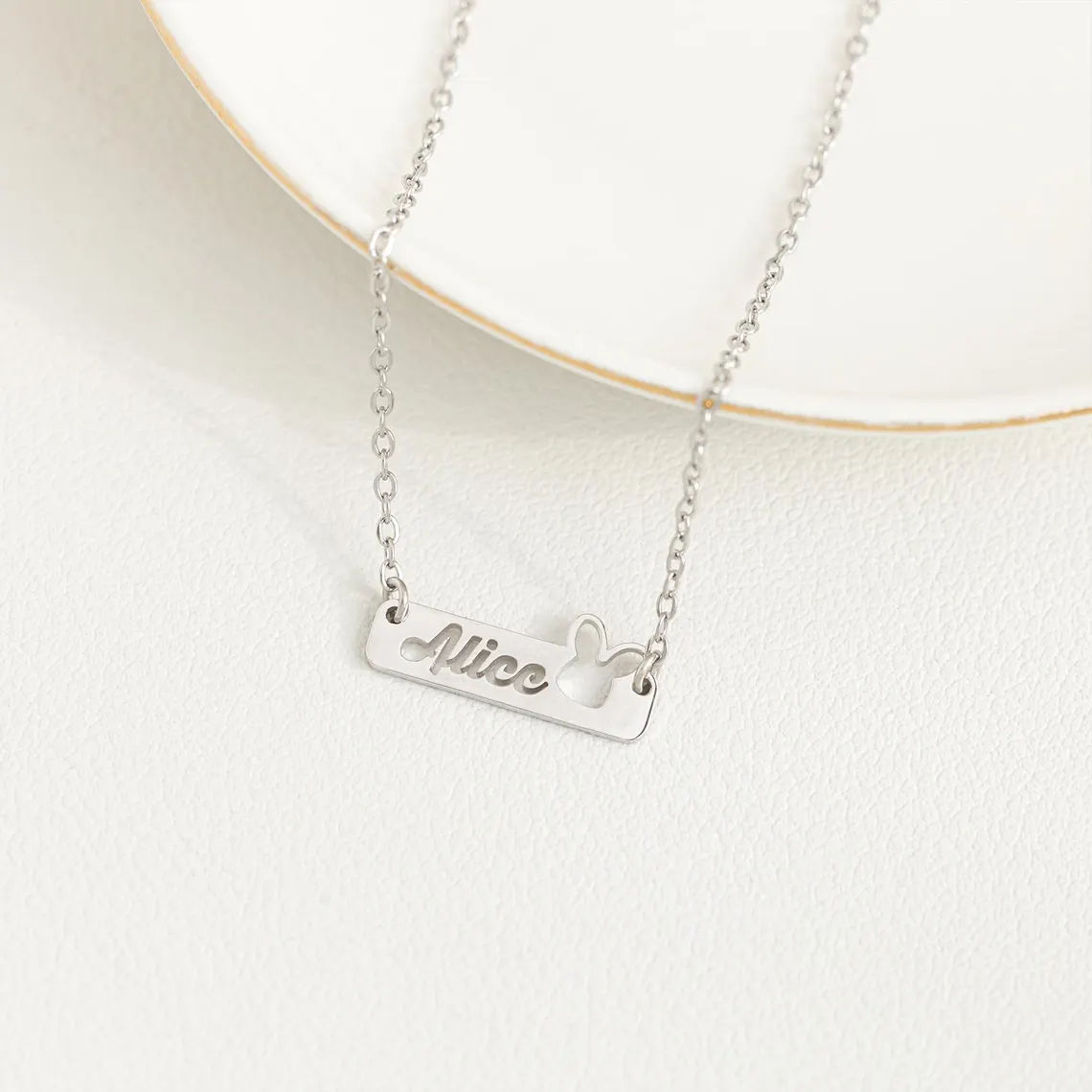 Hollow Bunny Rabbit Personalized Heart Name Bar Necklace Easter Gift
