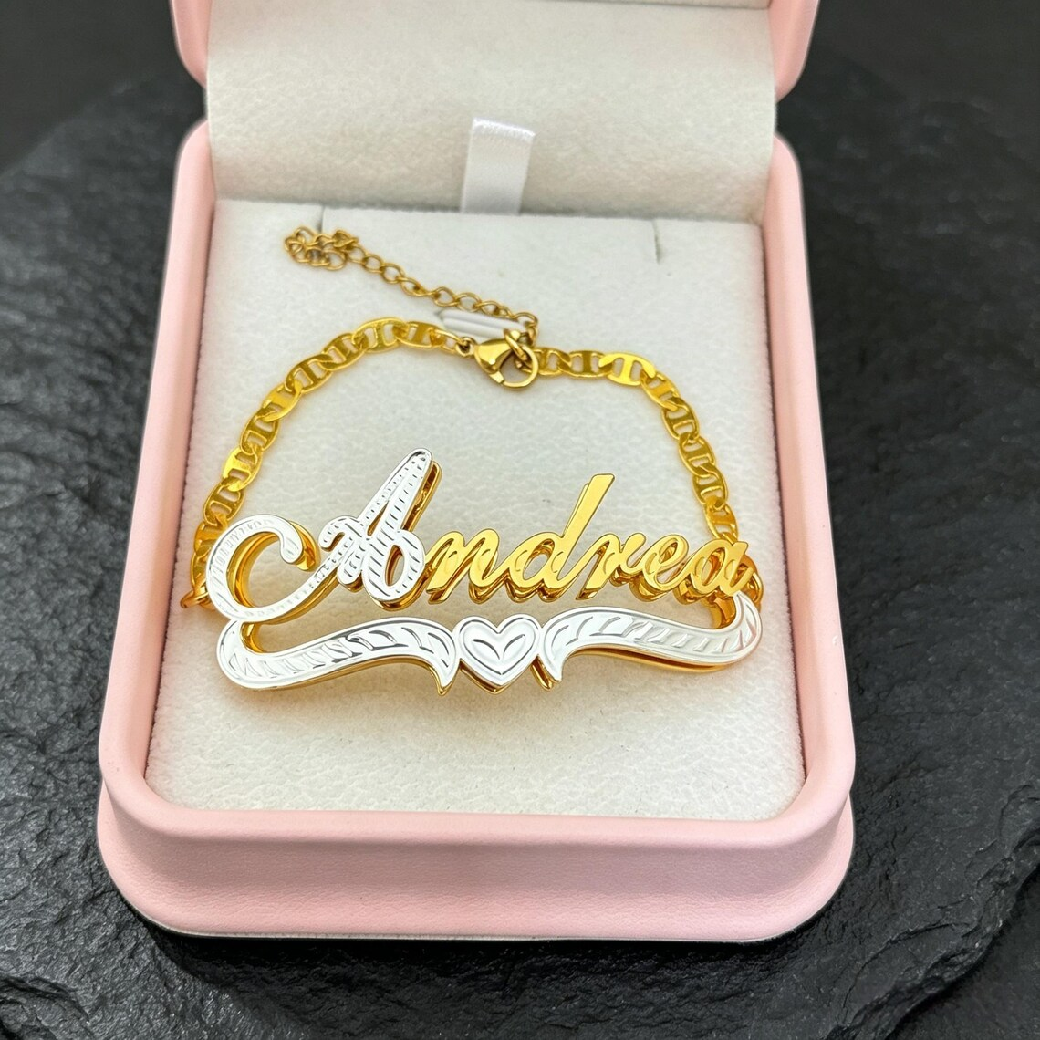 Mariner Chain Custom Two Tone Heart Name Necklace Bracelet Stud Earrings Set 3pcs