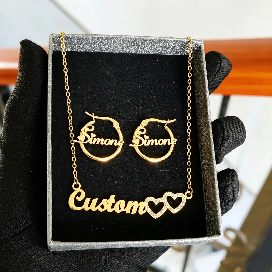 Personalized Hearts Name Necklace Hoop Earrings Set