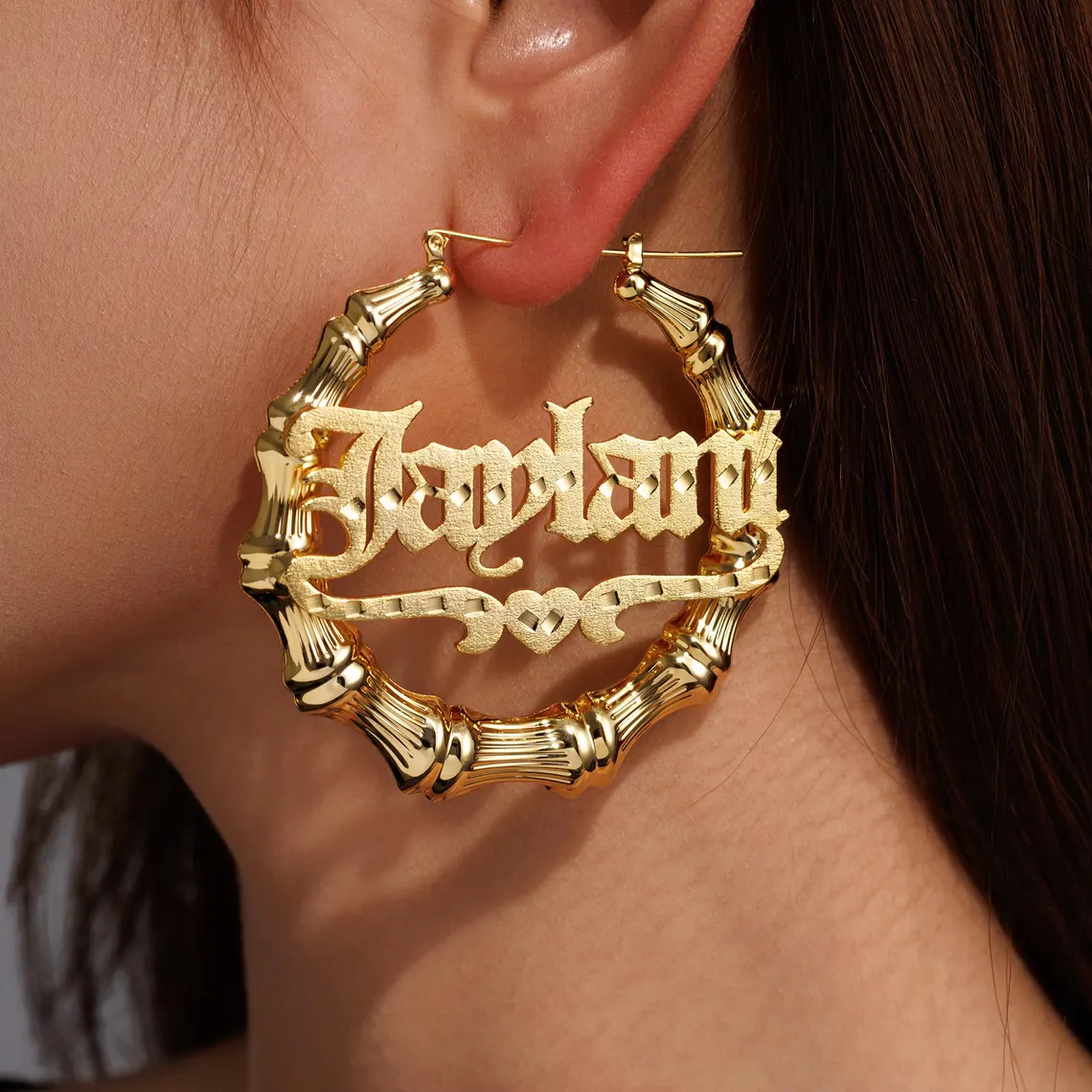 Custom Old English Name with Heart Bamboo Earrings