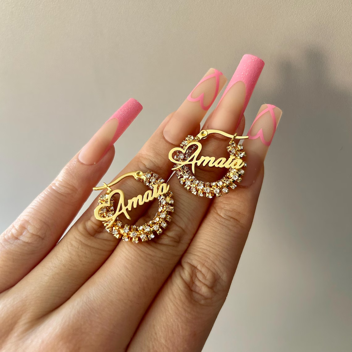 Personalized Script Heart Name Gold Hoops Earrings