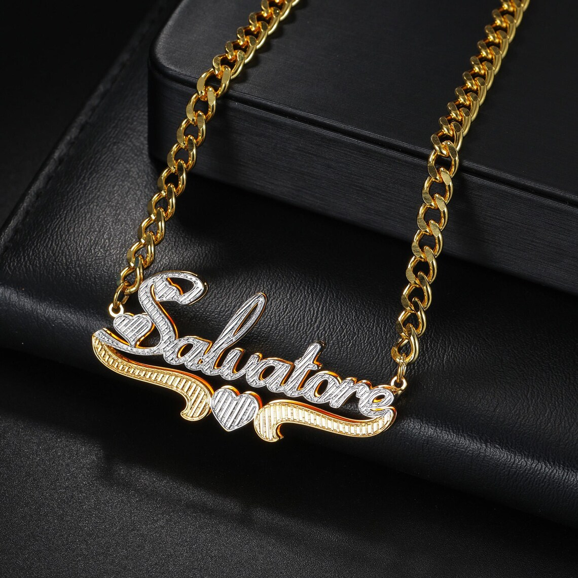 Custom Two Tone Double Plate 3D Heart Name Necklace
