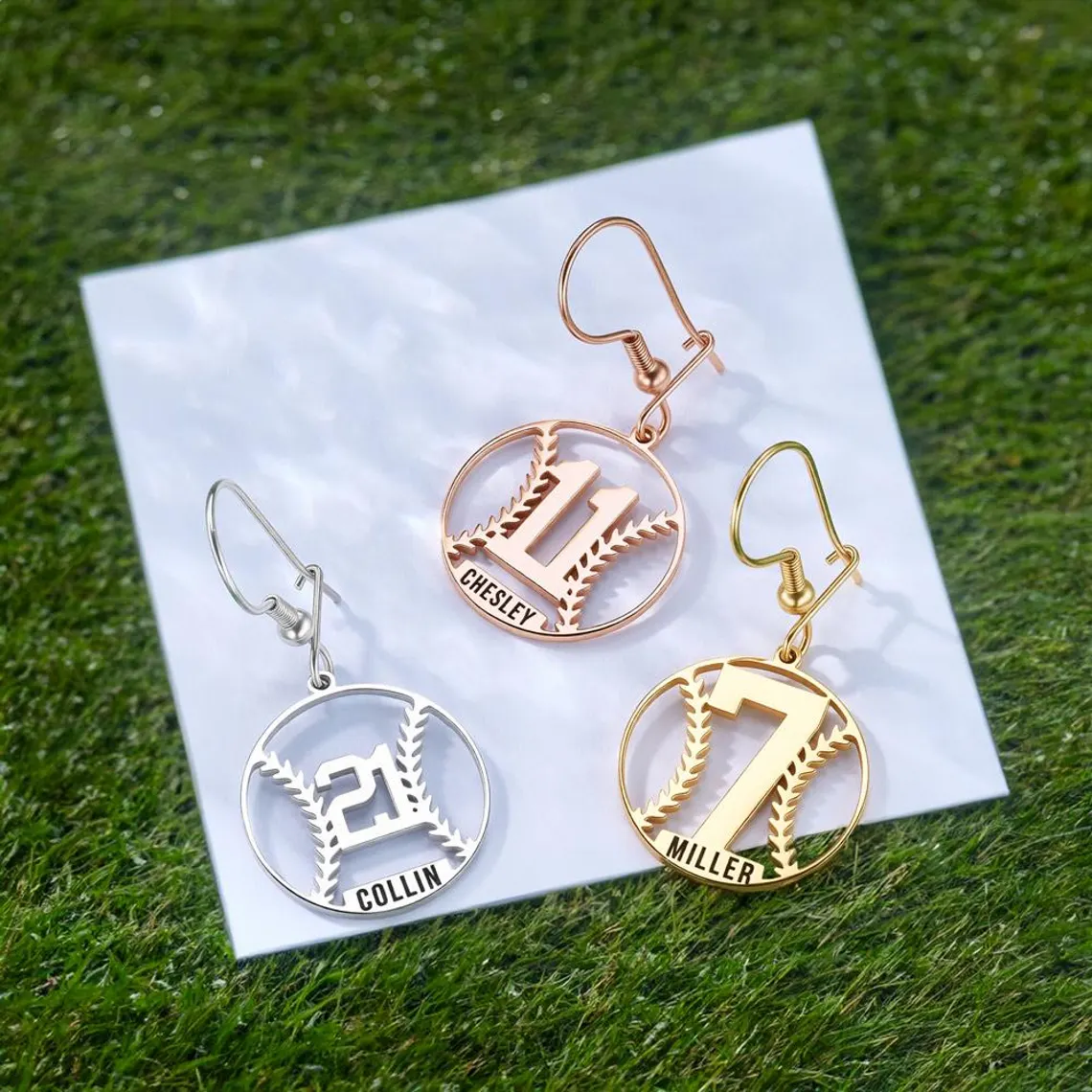 Personalized Baseball Silhouette Earrings with Name and Number