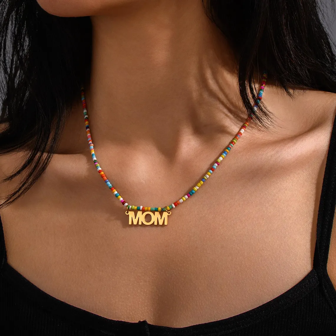 Gold Plated Personalized Nameplate Pendant Colorful Beaded Necklace