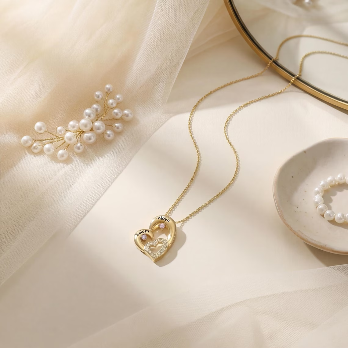 Custom Zirconia Heart Pendant with Two Engraved Names and Birthstones Necklace