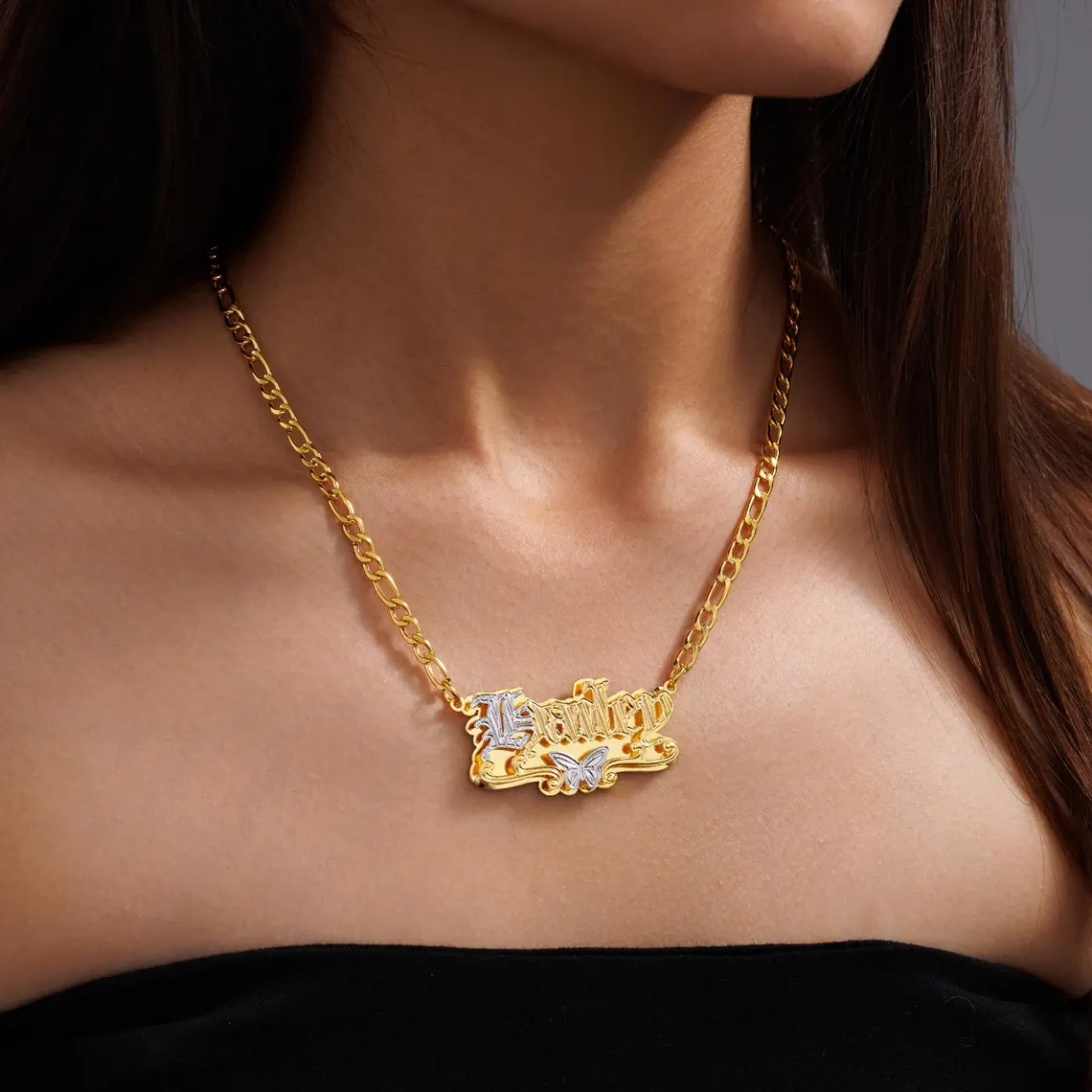 Custom Two Tone Double Layer Butterfly Name Necklace English Font