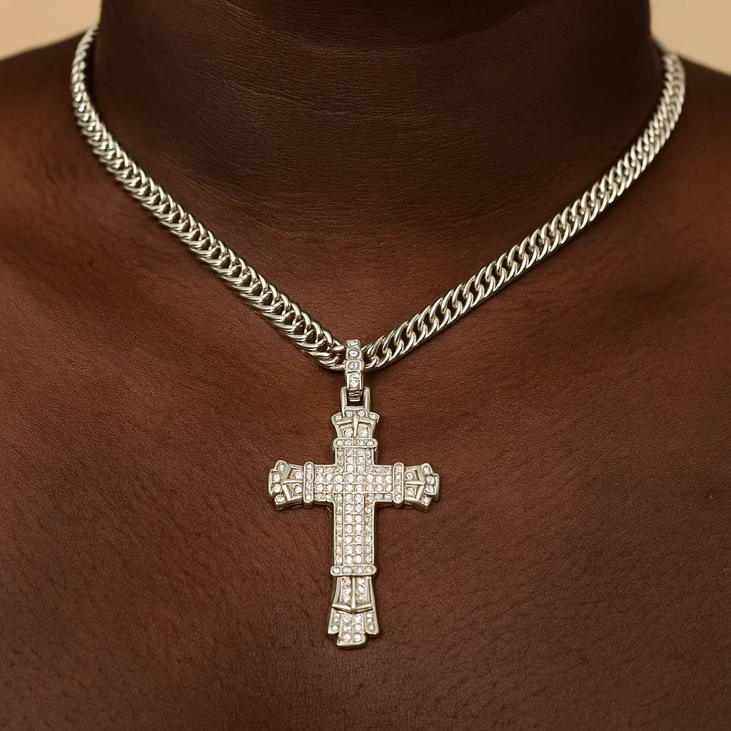 Vintage Zirconia Cross Pendant Necklace For Men Stainless Steel