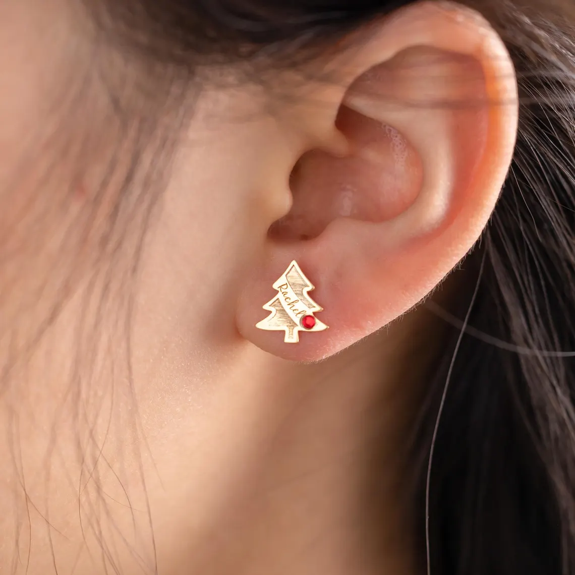 Christmas Tree Personalized Nameplate with Birthstone Stud Earrings