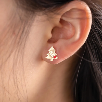 Christmas Tree Personalized Nameplate with Birthstone Stud Earrings