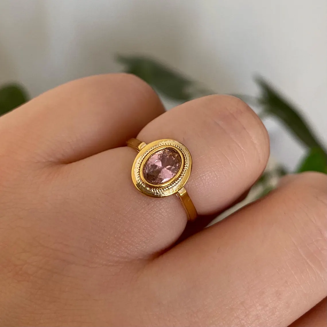 Vintage Pink Tourmaline Oval Cut Crystal Ring Engraving Inner Ring