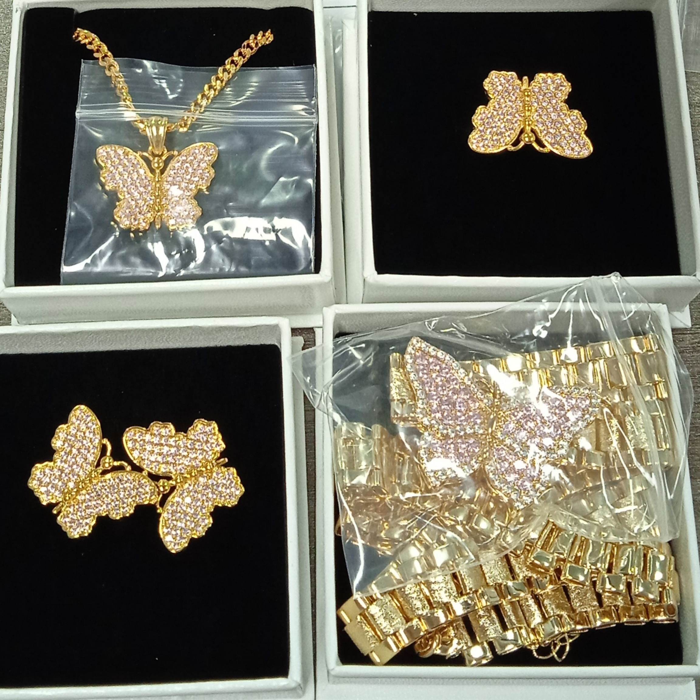 Butterfly Jewelry Set Gold Plated Necklace Ring And Stud Earrings