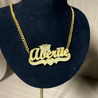Double Layer Butterfly Heart Shaped Nameplate Personalized Name Necklace 