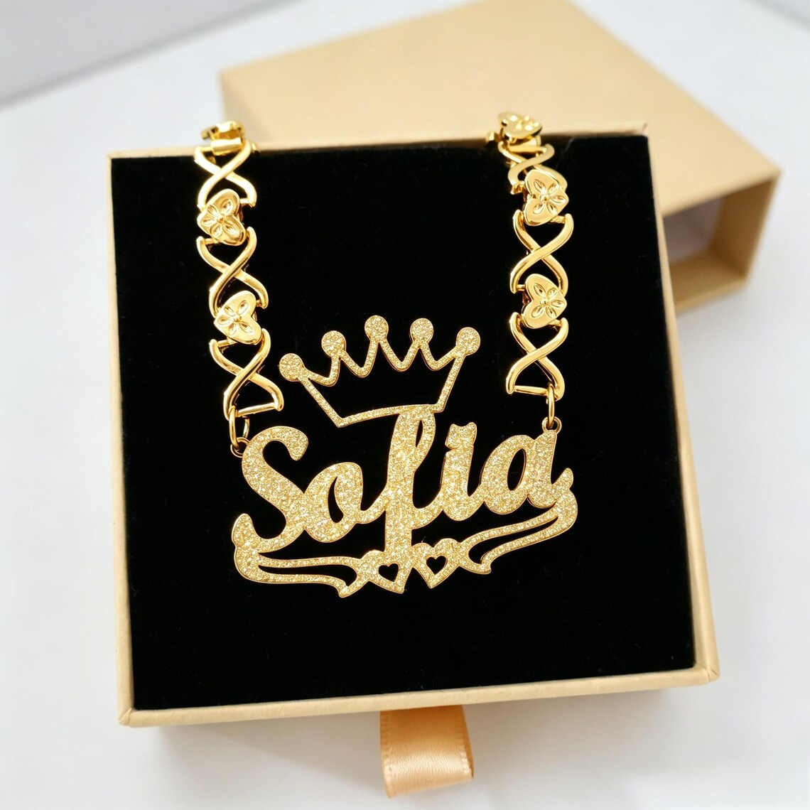 Xoxo Heart Chain Custom Golden Shiny Heart Crown Nameplate Necklace