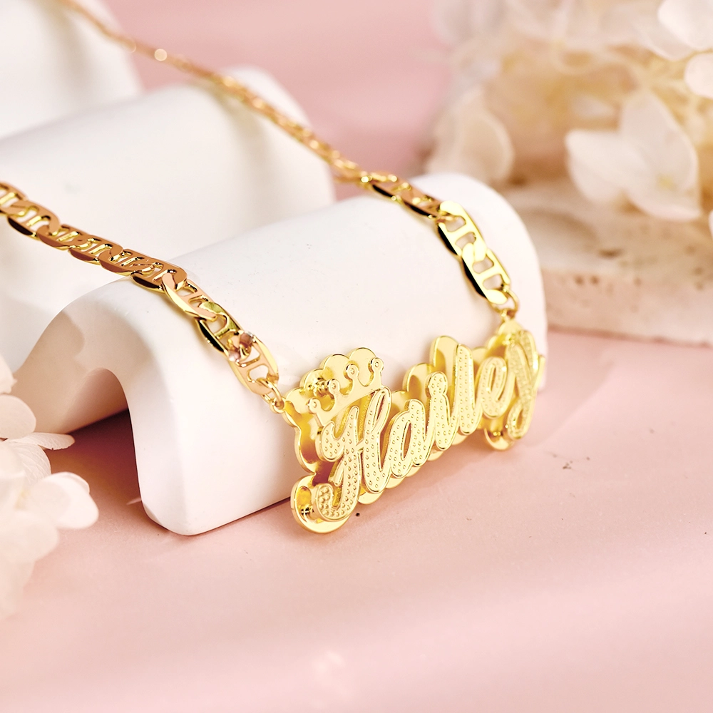 [Copy]Heart Birthstone Double Plate Name Necklace and Shiny Heart Pendant Set