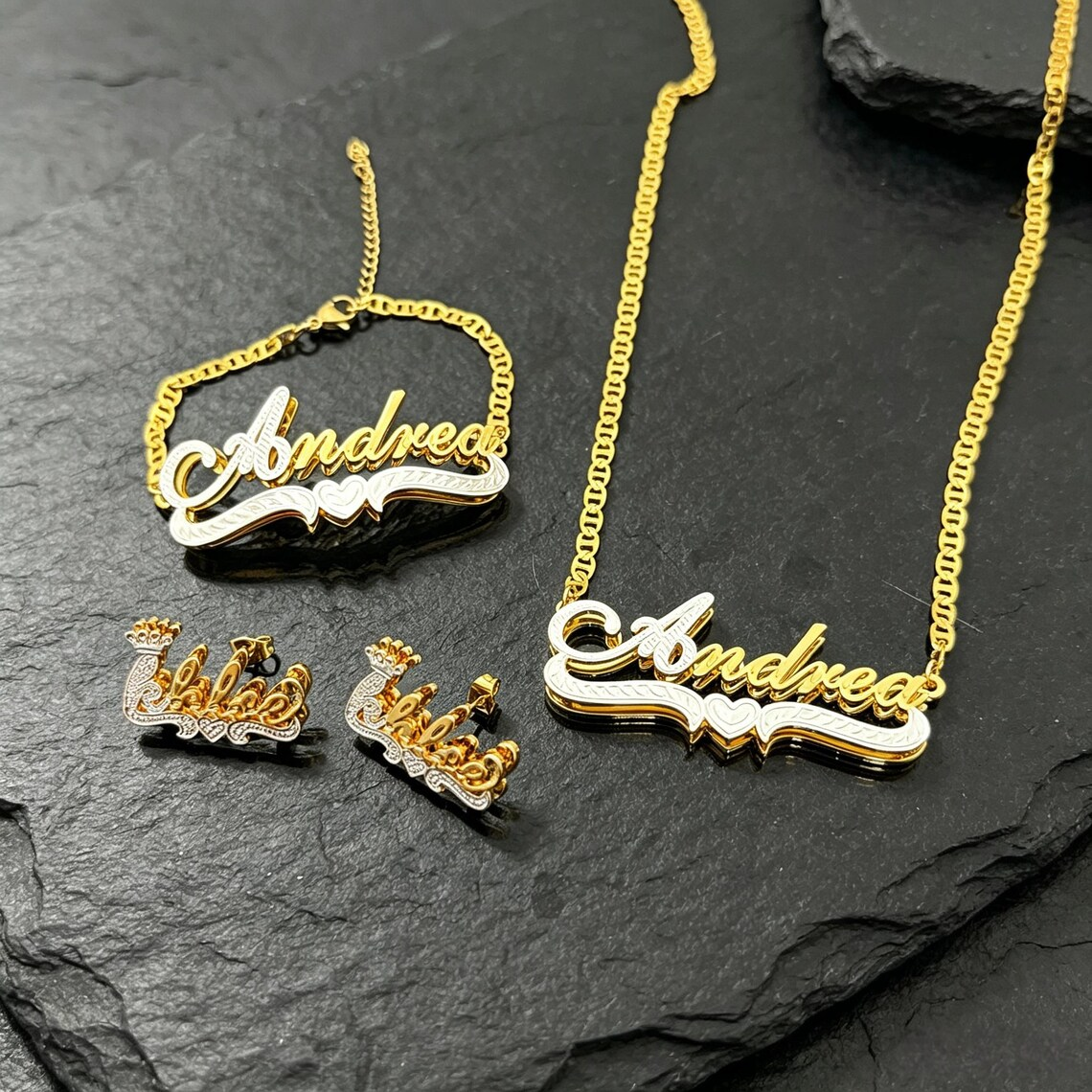 Mariner Chain Custom Two Tone Heart Name Jewelry 3pcs