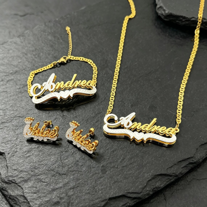 Mariner Chain Custom Two Tone Heart Name Necklace Bracelet Stud Earrings Set 3pcs