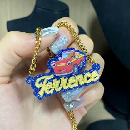 Cartoon Car Acrylic Pendant Cuban Chain Personalized Name Necklace 
