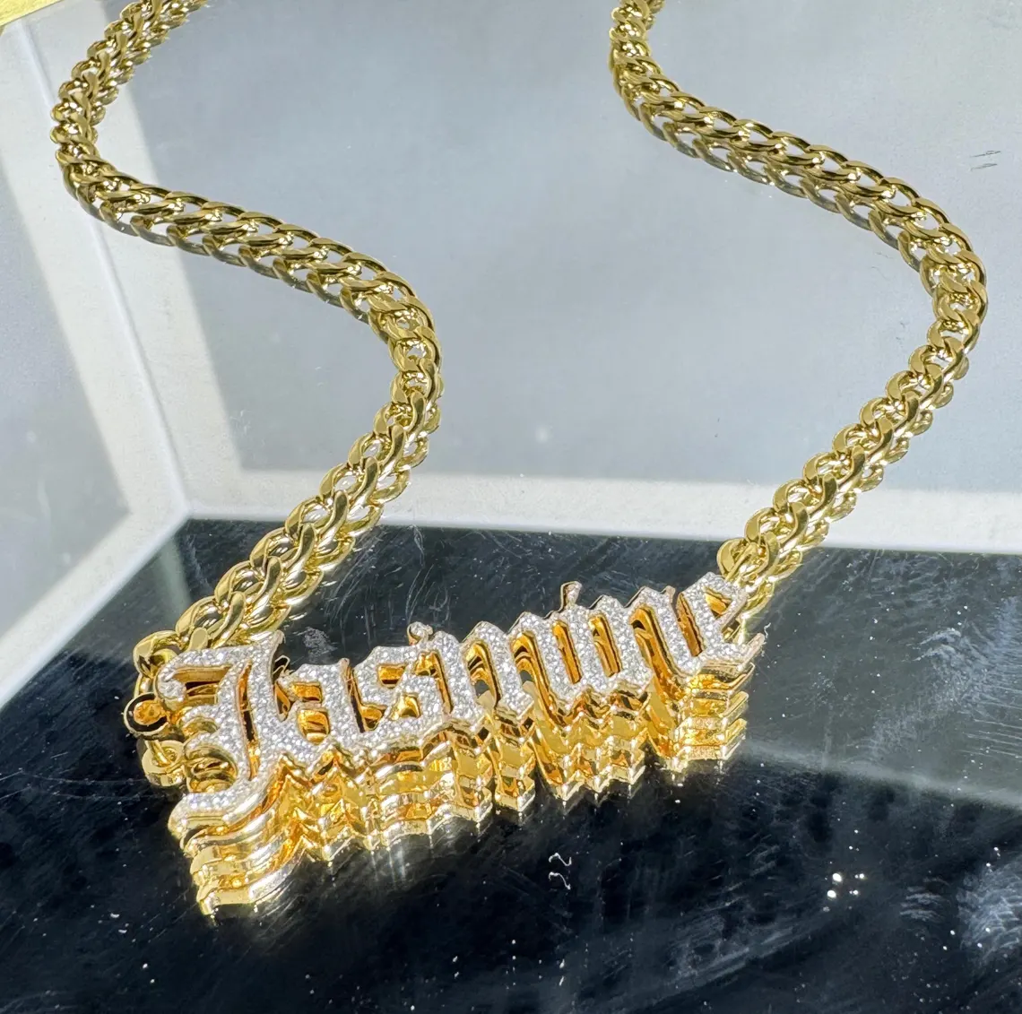Personalized Shiny Bling Double Plate Old English Font Name Necklace