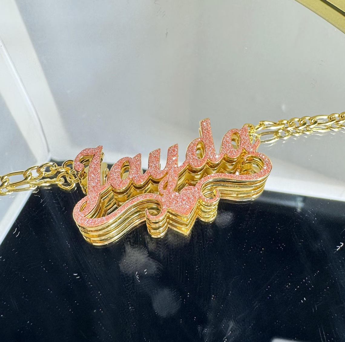 Pink Shiny Heart Stainless Steel Custom Double Layer Name Necklace