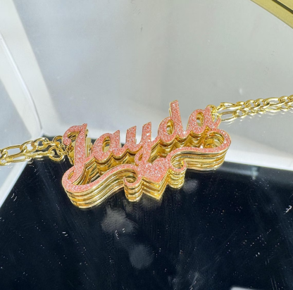 Pink Shiny Heart Stainless Steel Custom Double Layer Name Necklace