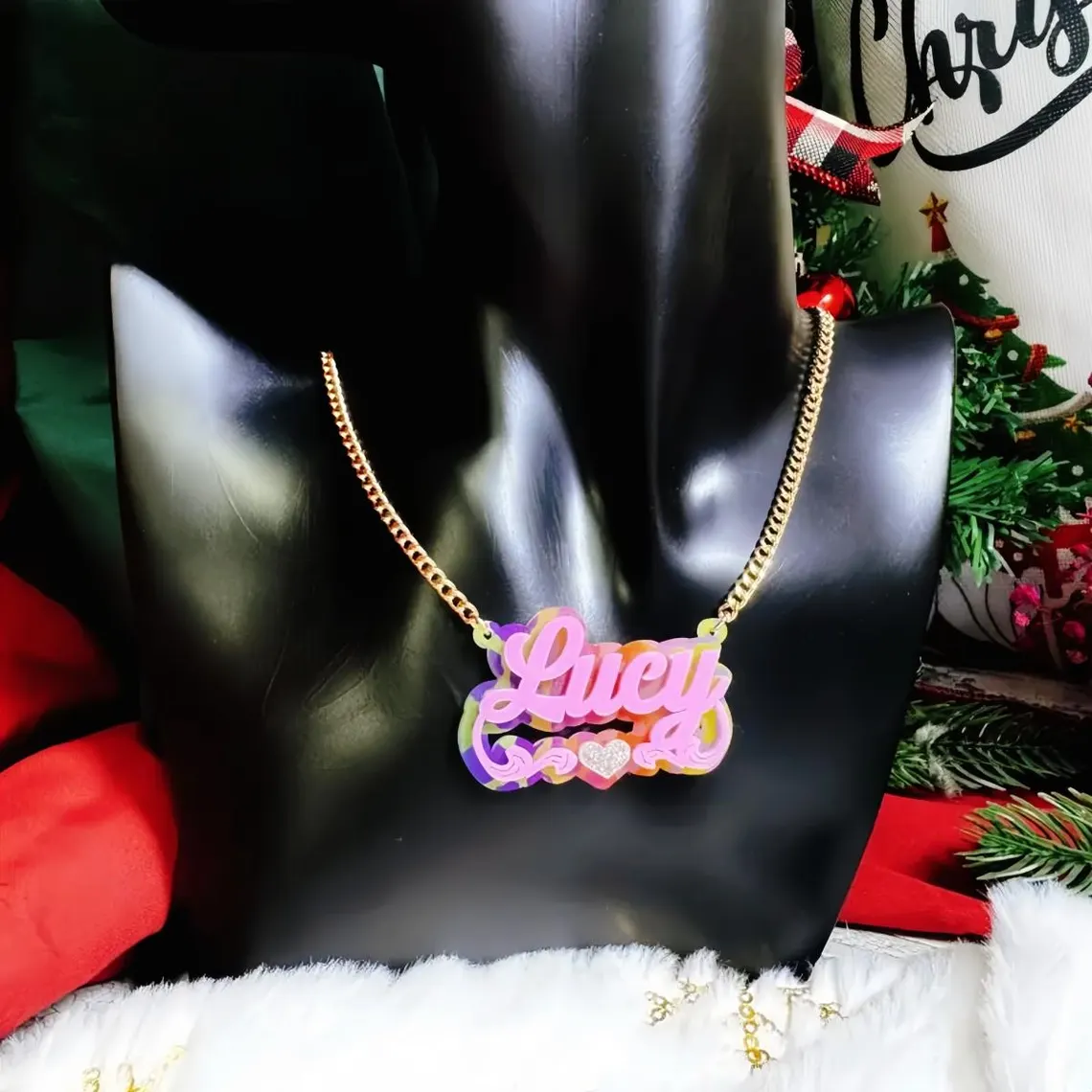 Personalized Double Layer Acrylic Leopard Pink Heart Name Necklace