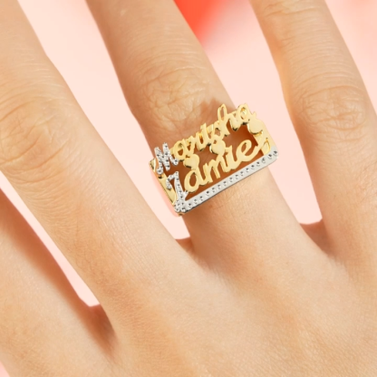 Two Tone Two Names Heart Personalized Custom Gold Plated Name Ring
