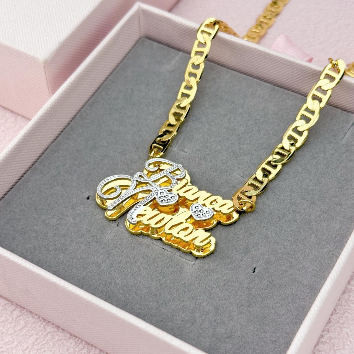 Two Hearts Two Tone Double Plate Couple Name Necklace