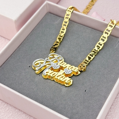 Two Hearts Two Tone Double Plate Couple Name Necklace