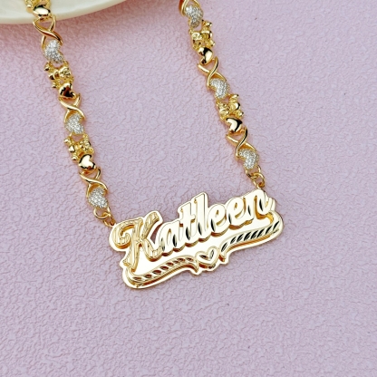 Teddy XOXO Chain Custom Double Layer Heart Nameplate Necklace