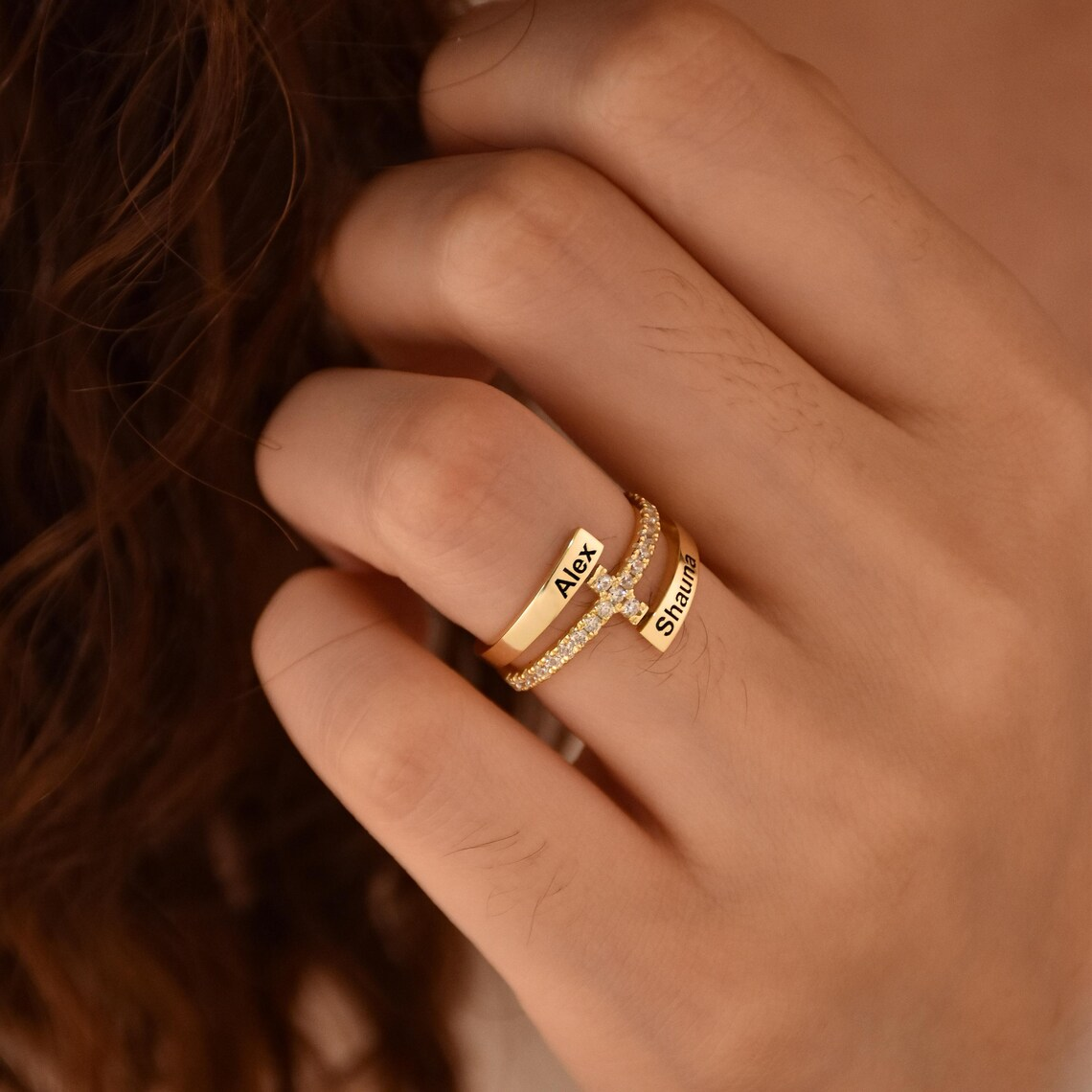 Zirconia Cross Two Names Promise Engagement Wedding Ring Couple Ring