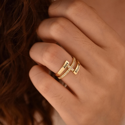 Zirconia Cross Two Names Promise Engagement Wedding Ring Couple Ring